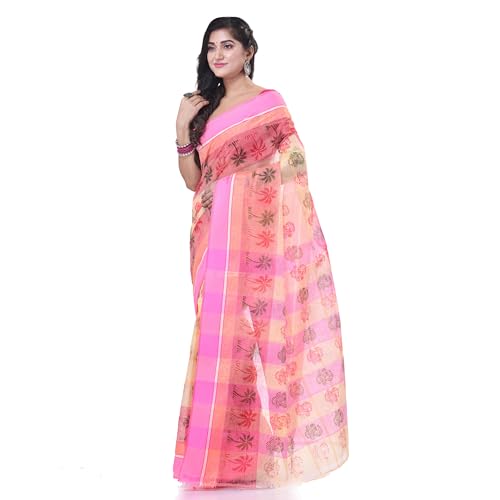 Image of dB DESH BIDESH Women`s Bengal Tant Tree Print Design Pure Handloom Cotton Saree Without Blouse Piece