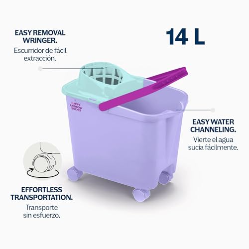 Happy Rainbow - Wischeimer mit Abtropfbehälter und drehbaren Rädern, 14L, recycelt, nachhaltig, ideal für die Boden- und Haushaltsreinigung