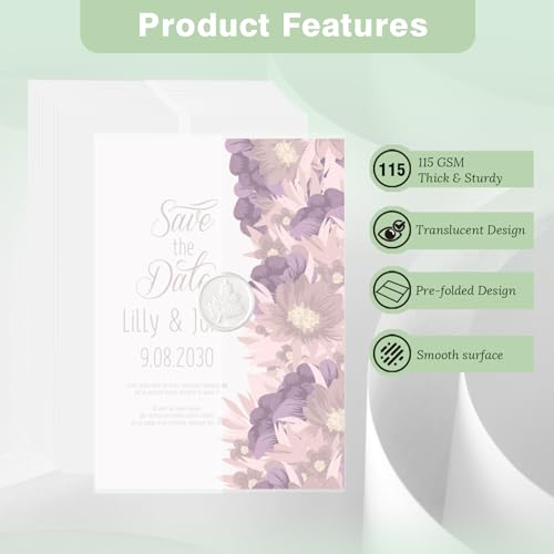 JAGERGREEN 50 Pack Vellum Jackets for 5x7 Invitations Pre-Folded, 115 GSM Translucent Printable Vellum Paper 5x7, Vellum Wraps for Wedding Invitations Sleeves, Birthday Greeting Cards, DIY Crafts - Image 2