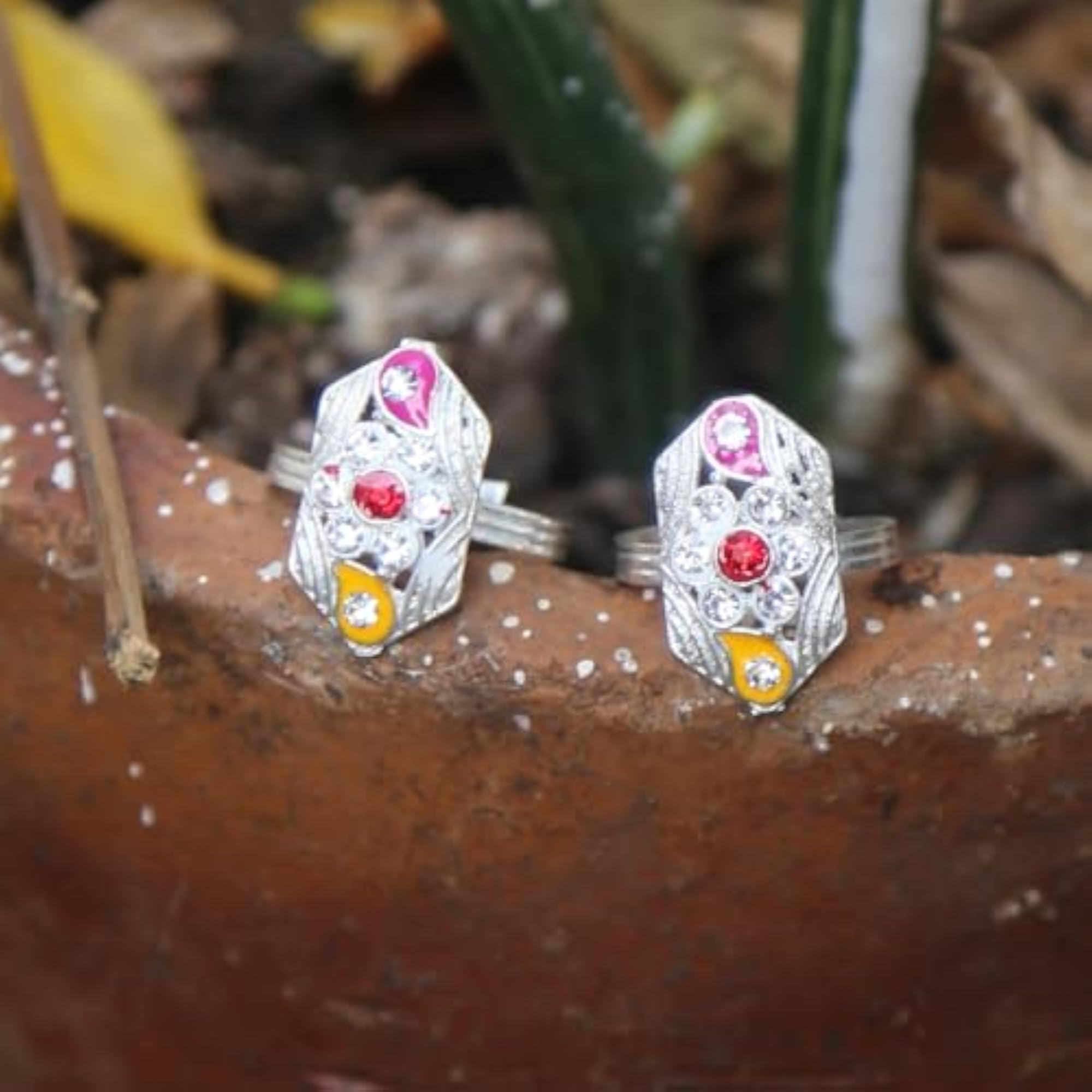 Women's Silver Finish Floral Design Pink & Yellow Stone Adjustable Toe Ring