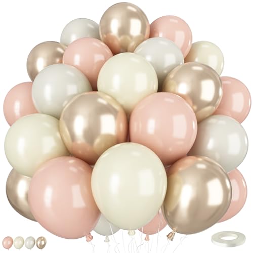 Ivory White and Pink Balloons,50PCS 12 Inch Boho Balloon with Retro Pastel Pink Beige Champagne Gold Ivory White Latex Balloons for Neutral Baby Shower Boho Wedding Bridal Party Decorations