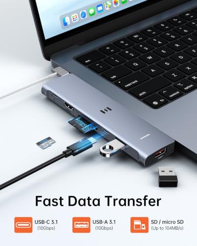 Image of USB C Adapter HDMI Hub for MacBook Neo /Air /Pro 2026-2018 Multiport Dongle | 7-in-2 MacBook Accessories Dongle,HDMI 4K@60Hz, Thunderbolt, 10Gbps USB-C /A data, SD /microSD reader, 100W PD, Plug & play.