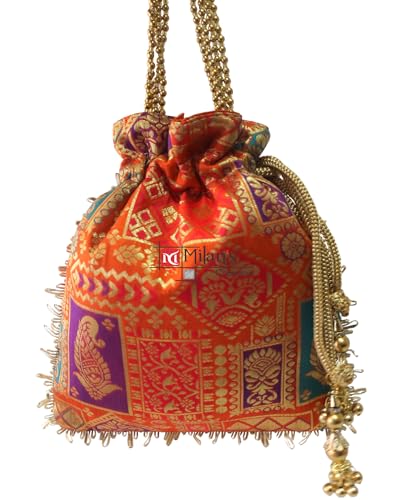 Image of MILAN'S CREATION Potli Banarasi Silk Brocade Bag Purse Drawstring Women's handbag with Pearl Handle & Tassel Weddings