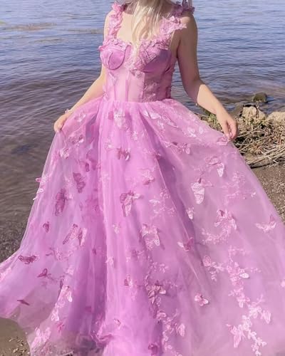 Zepumen 3D Butterflies Tulle Prom Dress 2025 Corset Long Ball Gown Lace Appliques Formal Evening Party Gowns with Slit4