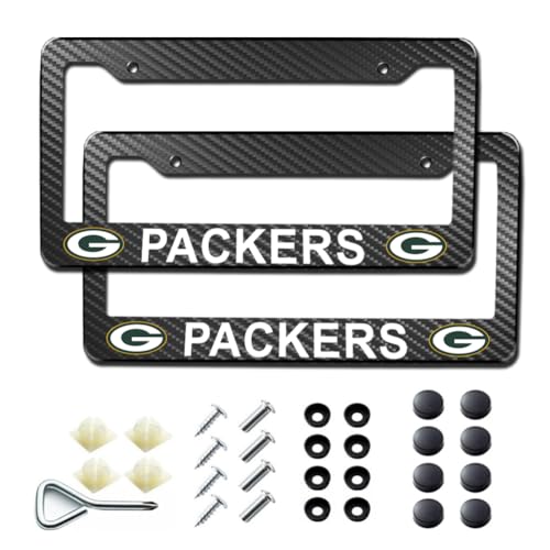 2Pack Carbon Fiber License Plate Frames for Packers, Black Aluminum Front & Rear Car Tag Holder Cover, Heavy Duty License Plate Bracket Car Accessories
