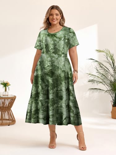 Image of LARACE Plus Size Dresses for Women Summer Casual Short Sleeve Long Dress Flowy Maxi Beach Dresses with Pockets L-6XL