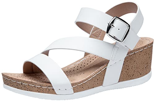 Jeossy Women's White Platform Wedge Sandals 835 Comfortable Open Toe Ankle Strap Summer Walking Sandals with Buckle 7 (DJY835 White 07)