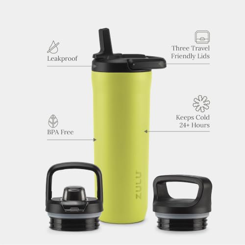 Image of ZULU Base 18oz Kids Stainless Steel Water Bottle with 3 Lids- Straw, Chug, Twist | Double Walled and Vacuum Insulated Metal Thermos | Fits Car Cupholder, Built in Carry Loop, Dishwasher Safe, Guac