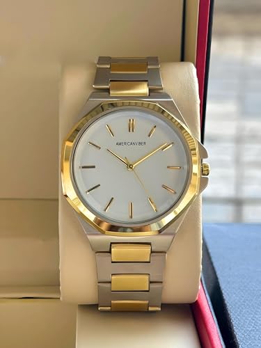 Image of AMERICANVIBER Modern Analog Watch, Silver and Black Two-Tone Stainless Steel Band, Octagonal Case, White Dial for Men