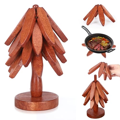 Wooden Tree Trivets for Hot Dishes, Wooden Coaster Trivets Tree Set for Hot Dishes, 4 Wooden Trivet + 1 Stand (Walnut Wood)