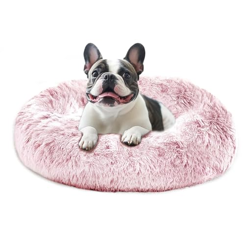 Image of JOLLYVOGUE Calming Dog Bed Medium Size Dog, 31in Donut Washable Medium Pet Bed, Anti-Slip & Anti-Anxiety Fluffy Faux Fur Round Dogs Bed, Fits up to 45 lbs Pets (Smoke Pink)
