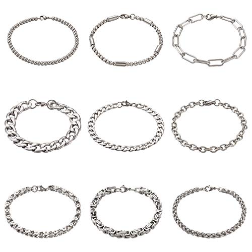 PandaHall - 9 braccialetti in acciaio inox, catena cubana con perline a sfere, catena bizantina, catena attorcigliata, catena fermacarte per donne e uomini, gioielli fai da te
