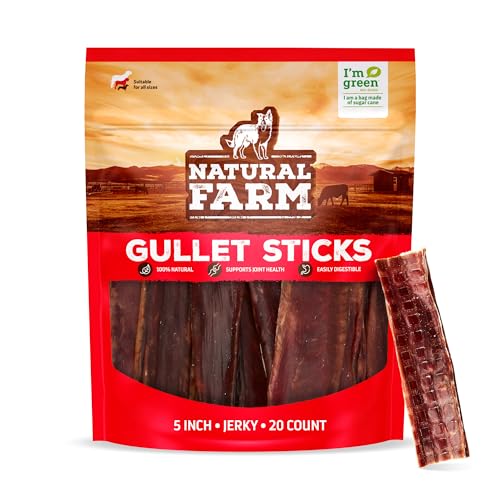 Natural Farm Beef Jerky Gullet Sticks Flat - 5-Inch (20-Pack), Grass-fed Beef, Glucosamine & Chondroitin, Rich Flavor, Highly Digestible, Chewy Yet Tender