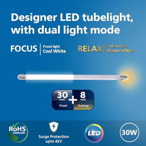 Image of Philips Gleam Glow 30W LED Batten Light WW + CDL | 2-in-1 Switchable Warm White & Cool Day Light | High Brightness Energy Efficient LED Tube | Slim Design for Home & Office | Pack of 4