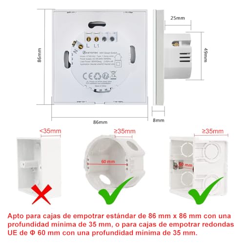 Miniatura 5 de Ketotek Interruptor Luz Wifi Inteligente 1 Gang 1 Via Compatible Con Alexa, Smart Interruptor Lampara Pared Tactil Vidrio Montaje Empotrado Blanco