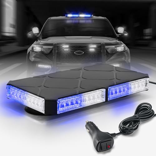 Image of 12 Inch Roof Top Beacon Strobe Lights w /Magnetic Base, Mini LED Traffic Hazard Caution Light Bar for Vehicles, and Trucks (Blue /White)