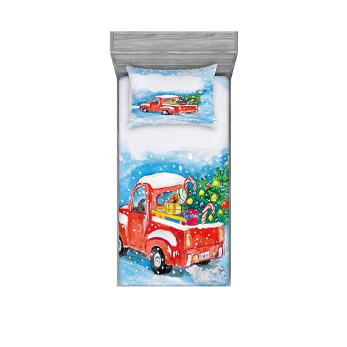 Ambesonne Christmas Fitted Sheet & Pillow Sham Set, Vintage Truck in Snowy Winter Scene Tree and Gifts Candy Cane Kids Print, Decorative Printed 2 Piece Bedding Decor Set, Twin, Blue White Red