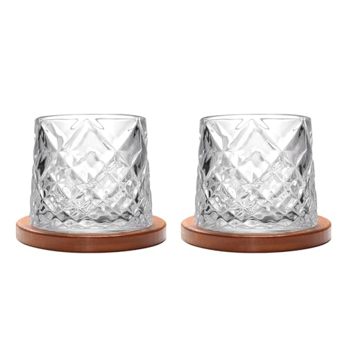 Rotatable Old Fashioned Glass Cup, 275ml/10oz Crystal Whiskey Glass Set of 2, Wood Coaster, Thickening, Used as Rum Glass Cup, Cocktail, Coffee, Milk to Relax and Reduce Stress, Christmas gifts