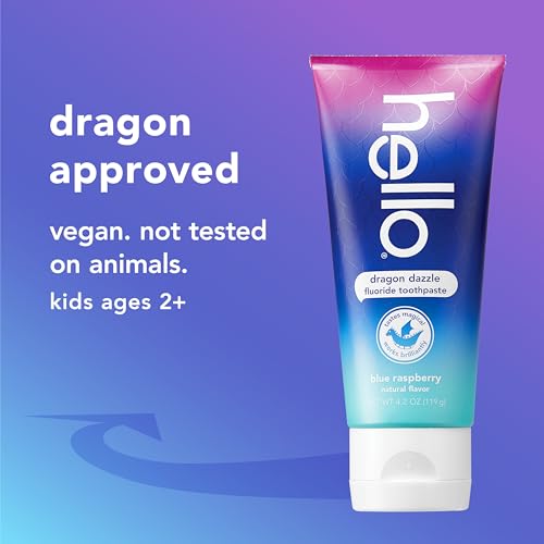 Image of Hello Dragon Dazzle Blue Raspberry Kids Toothpaste, Fluoride Toothpaste, Ages 2+, No Artificial Sweeteners, No SLS, Gluten Free, Vegan, Pack of 12, 4.2 OZ Tubes