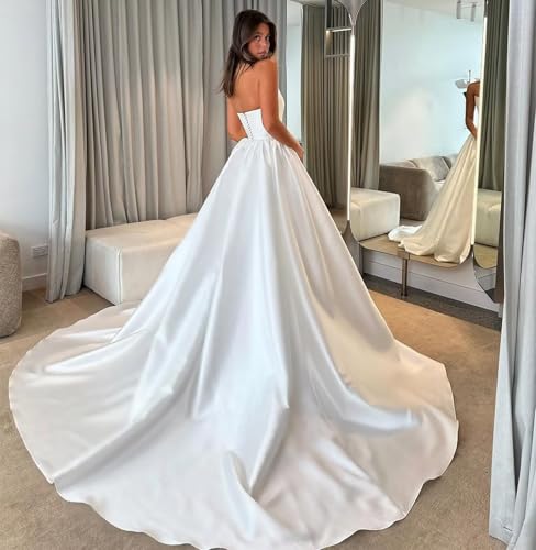 Strapless Satin Wedding Dresses for Women Bride Long Formal Evening Gowns with Pockets2