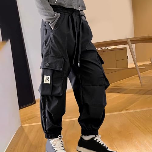 Girls Cargo Pants High Waisted Casual Sweatpants with Drawstring Loose Fit Comfortable Kids Tall Pants with3