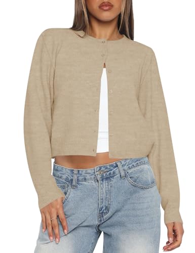 Kistore Women Apricot Cropped Button Down Long Sleeve Knit Cardigan M