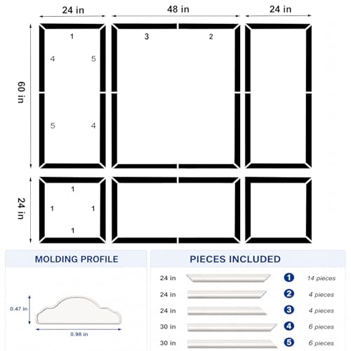 Image of 3 Set Peel and Stick Wall Molding Kit,Pre Cut Wainscoting Panels,24x60in