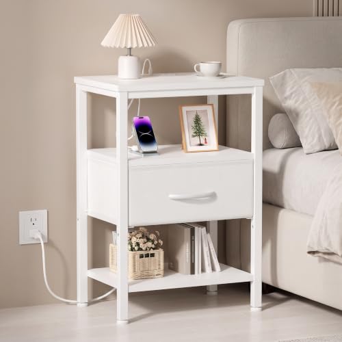 OLIXIS Nightstand with Charging Station, Beside Table with Fabric Drawer by OLIXIS - Used condition - US$23.98