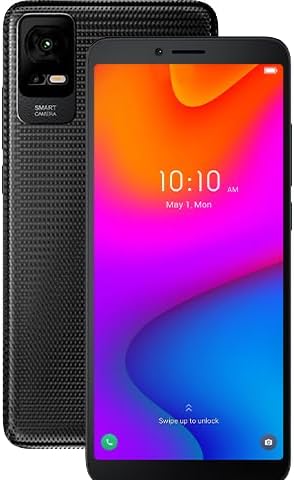 TCL ION V smartphone showing front and back views. The back has a textured finish and a vertical camera module with 'SMART CAMERA' text. The front displays the time 10:10 AM and 'May 1, Mon' with 'Swipe up to unlock' text.