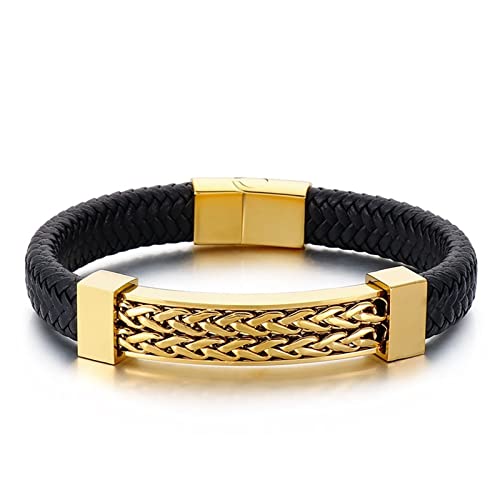 Bracelet cuir tressé et finitions chaînes acier KnSam 21cm