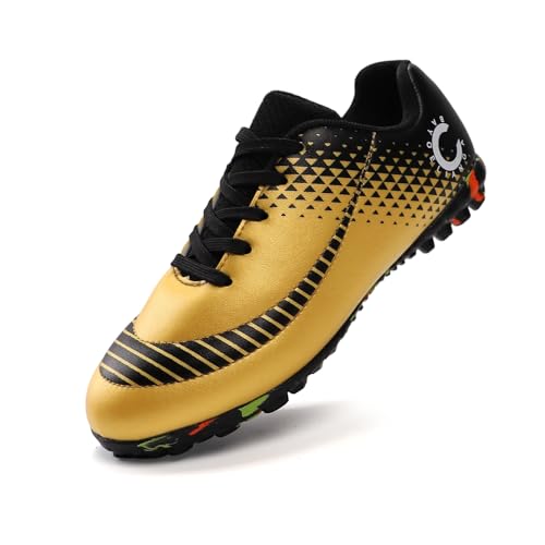YHLLZY Boys Football Boots Kids Football Shoes Astro Turf Trainers Girls Soccer Athletics Training Shoes Teenager Outdoor Sport Shoes Gold 13UK Child
