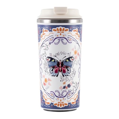 Cottea Gobelet à Café 450 ml/15 oz Avec Revêtement En Céramique, Tasse à Café Isotherme Antidérapante Avec Base à Ventouse Et Couvercle à Ouverture En Un Clic. (papillon)