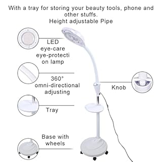 Lampada Estetista Piantana con Lente Ingrandimento 8x Lampada Da Terra Dimmerabile, Lampada Pieghevole Retrattile a 360 Gradi per Extension Ciglia, Tatuaggi, Cura Della Pelle, Nail(EU)