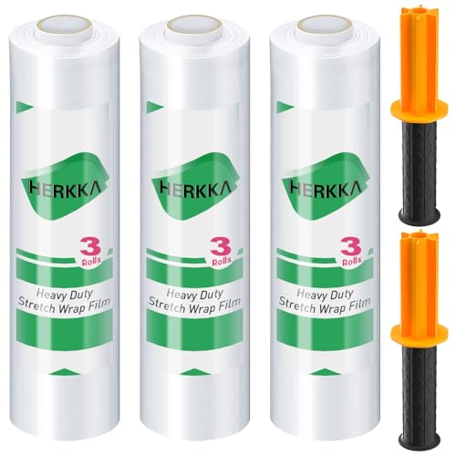Stretch Film, HERKKA Stretch Wrap with Handles Industrial Strength, Moving Wrapping Plastic Roll, Shrink Wrap for Pallet Wrap, 15" x 1000 Feet, 3 Pack, 60 Gauge by HERKKA - Used condition - US$25.34