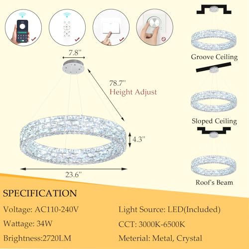 AFQEJG LED Chandeliers for Dining Room 24 Inch Chandelier Height Adjustable Ceiling Pendant Lights Remote LED Dimmable Lighting for Living Room Staircase Entryway Silver — view 3