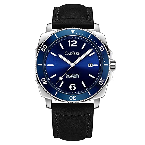 CADISEN Reloj automático para hombre, cristal de zafiro, resistente al agua, 200 m, estilo casual, Cinturón de cuero azul, 43MM, Correa Cover