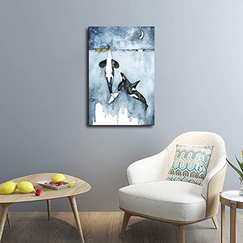 Orca And Girl Canvas Print Watercolor Painting Killer Whale Wall Art Marine Life Poster Abstract Decor Artwork Framed For Bedroom Living Room Bathroom Decoration (Framed,24×36Inch) #TOP2