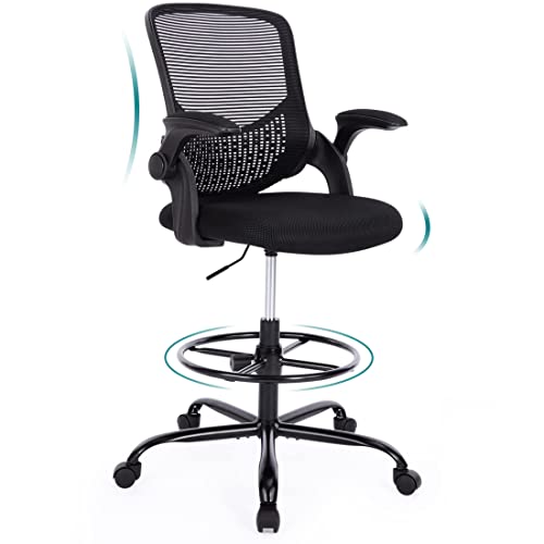 Drafting Chair, Tall Desk Chair Standing Desk Chair, Tall Office Chair For Standing Desk, Drafting Chair Adjustable Height With Foot Ring, Counter Height Office Chair With Flip-Up Arms, Lumbar Support #TOP24