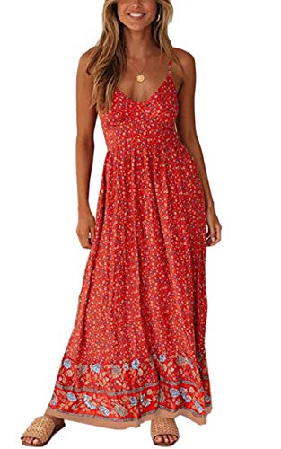 Image of Angashion Women's Dresses Floral Adjustable Spaghetti Strap V Neck Boho Long Maxi Dress Summer Beach Flowy Ethnic Sundress
