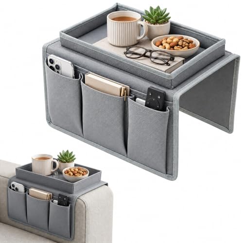 Image of Lirynox Sofa Arm Tray Armchair Tray Organiser, Waterproof Non-Slip Sofa Armrest Organizer with 4 Bags, Arm Chair Caddy for Drinks Phone Book Magazines DVD Eyeglasses Snacks