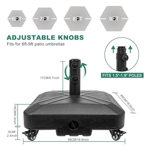 RAOKUKH Patio Umbrella Base Heavy Duty with Wheels Square Market Stand for Outdoor 4 Locks 2 Knobs 125lb Capacity, Black by RAOKUKH - Image 2