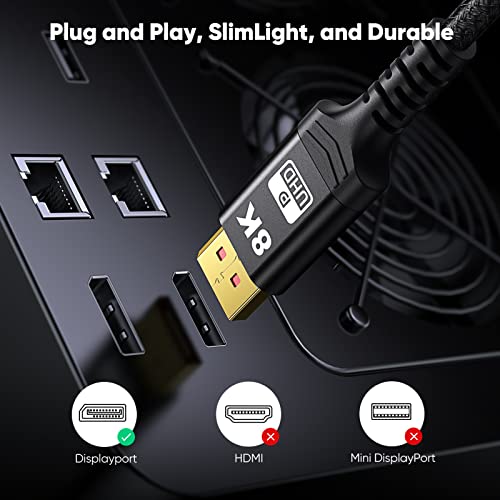 Capshi Vesa Certified Displayport Cable 1.4, 8K Dp Cable 10Ft (8K@60Hz, 4K@144Hz, 2K@240Hz) Hbr3 Support 32.4Gbps, Hdcp 2.2, Hdr10 Freesync G-Sync For Gaming Monitor 3090 Graphics Pc #TOP5