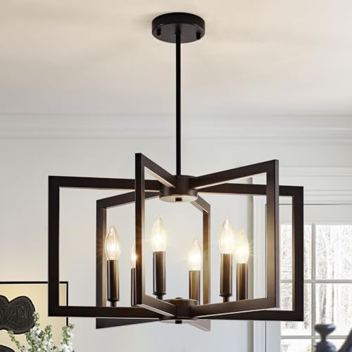 VDWO 6-Light Black Industrial Chandeliers for Dining Room, Geometric Modern Farmhouse Pendant Lights Fixture, Hanging Metal for Kitchen Island Entryway Foyer Living Room Bedroom