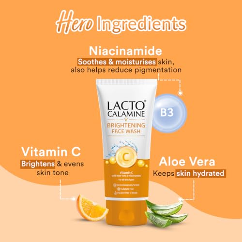 Image of Lacto Calamine Vitamin C Face Wash | Pack of 1 x 100ml | Aloe Vera & Niacinamide Face Wash for Glowing Skin | Facewash that Exfoliates Skin & Reduces Pigmentation | No Parabens, No Sulphates