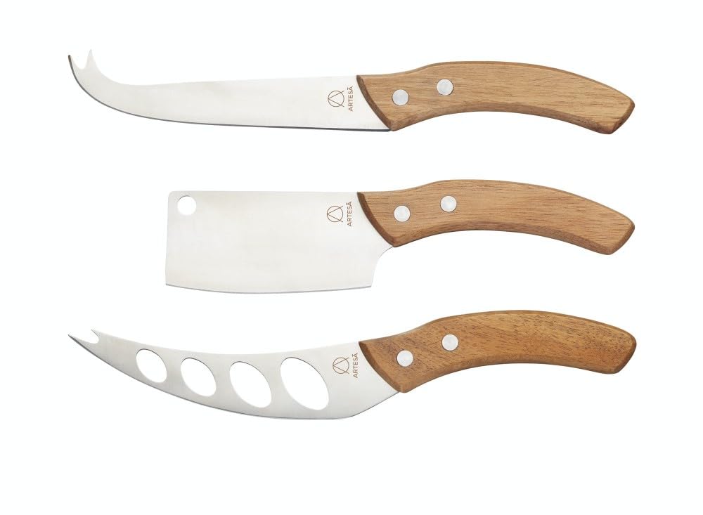 Artesa Käsemesser-Set, Edelstahl-Besteck, 1 Set mit 3 Käsemessern, Käsemesser für Hartkäse, Weichkäse und zerbrechlichen Käse in Geschenkbox, Braun / Silber, Holz