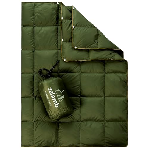zzlamb Camping Blanket Water-Repellent for Kid, Outdoor Portable Travel Duck Down Throw 650 Fill Power, Indoor Lightweight Down Lap Quilt for Couch Plane Car Picnic Backpacking Beach, 39x55in Olive