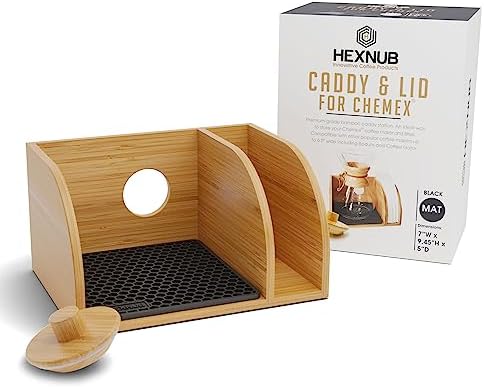 HEXNUB – Caddy and Lid for Pour Over Coffee Makers, Bamboo Stand fits Chemex, Bodum, Cosori Carafes, Heatproof Mat, Filter Holder for Coffee Brewing - Black