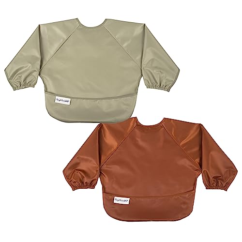Image of Tiny Twinkle Mess Proof Baby Bib, 2 Pack Long Sleeve Bib Outfit, Waterproof Bibs for Toddlers, Machine Washable, Tug Proof (Brown Khaki, Small 6-24 Months) (LSB3)