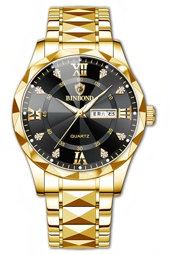 Gosasa Luxury Mens and Womens Business Diamond Stainless Steel Waterproof Roman Numeral Analog Quartz Watch with Day-Date Calendar Gold and Silver Tone (Gold Black Men)
