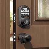 TEEHO TE001K Keyless Entry Door Lock with Handle, Electronic Keypad Deadbolt with 2 Knobs, High-Security Front Door Handle Set for Home & Rental, Smart Auto-Locking, Easy Install, Oil-Rubbed Bronze